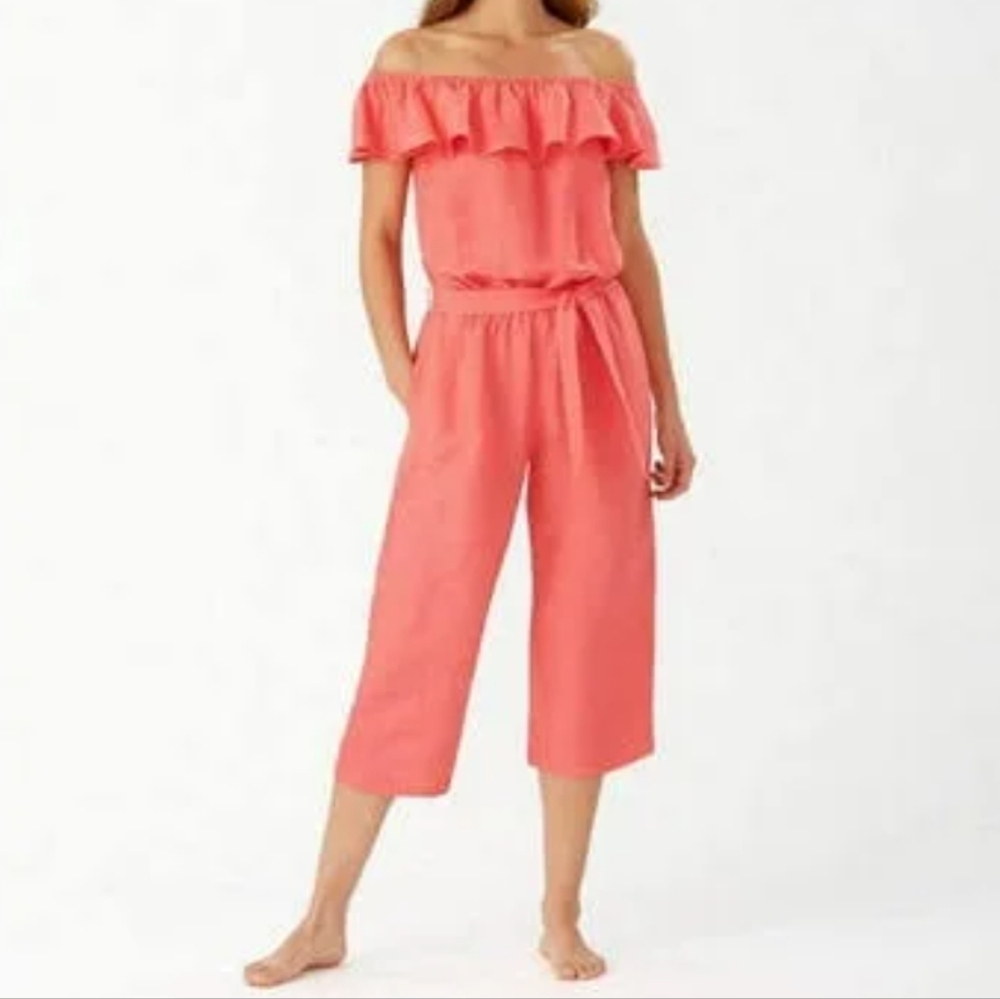TOMMY BAHAMA Linen Blend Off The Shoulder Belted Jumpsuit